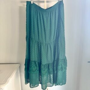 Swiss Dot Tiered Midi Skirt Lace Trim Elastic Waist Dark Green, Sz 2X Holiday